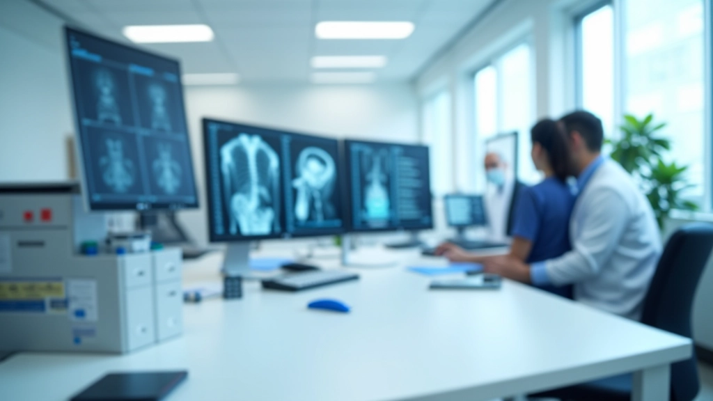 Consultorio médico equipado con monitores de diagnóstico y archivos de casos clínicos
