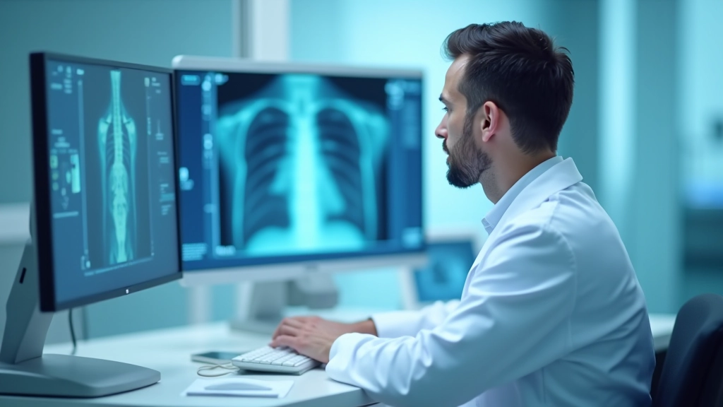 Técnico de radiología revisando imágenes de tomografía computarizada en estación de trabajo médica
